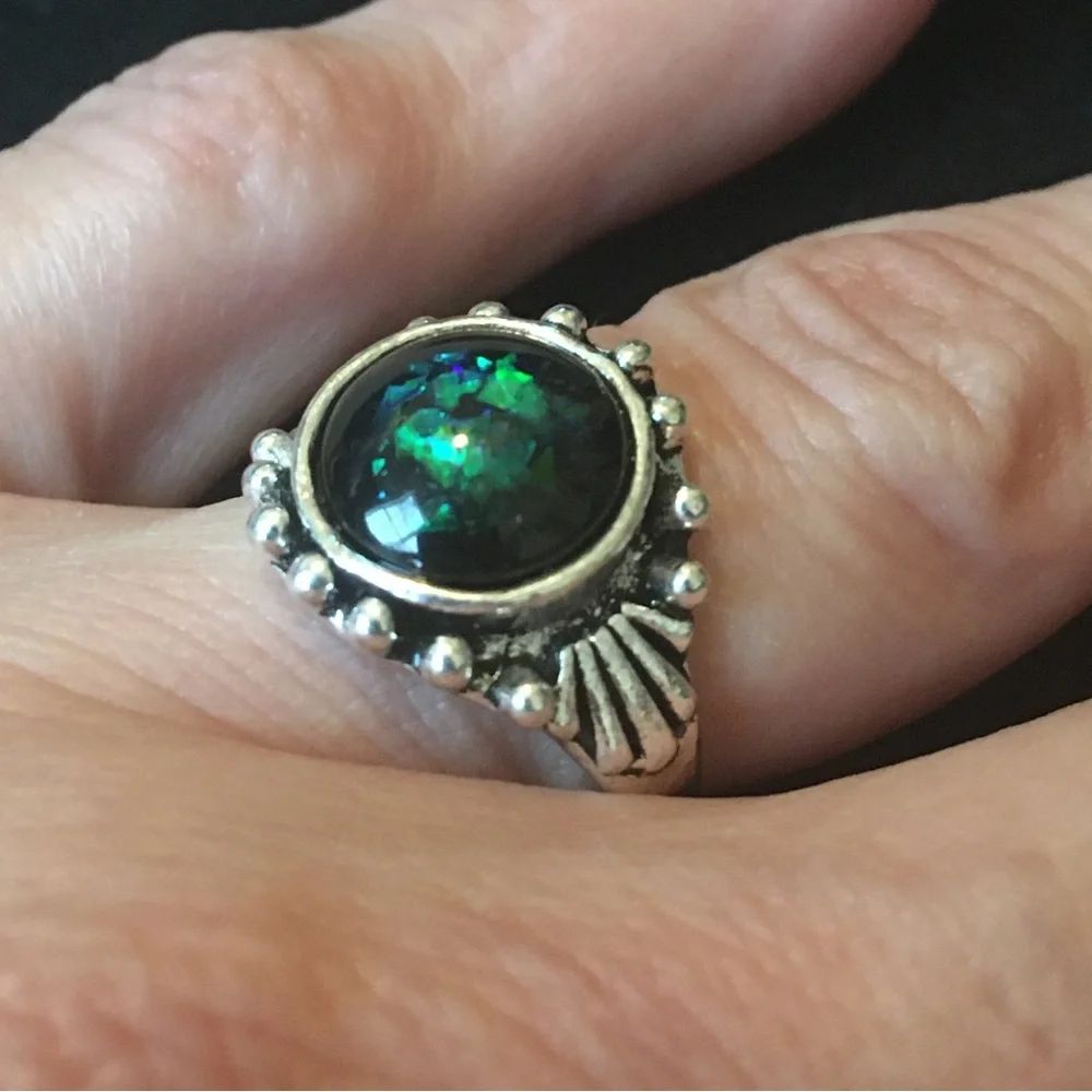 Circle Shaped Mystical Green and Blue Sparkle Stone Ring